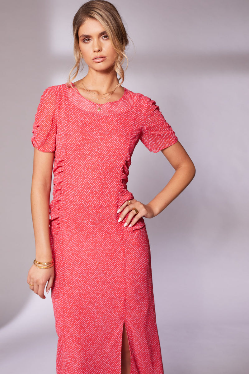 Gathered Sides Print Dress - Chilli
