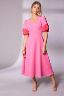 Contrast Cuff V Neck Dress - Pink