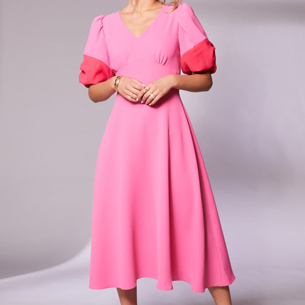 Contrast Cuff V Neck Dress