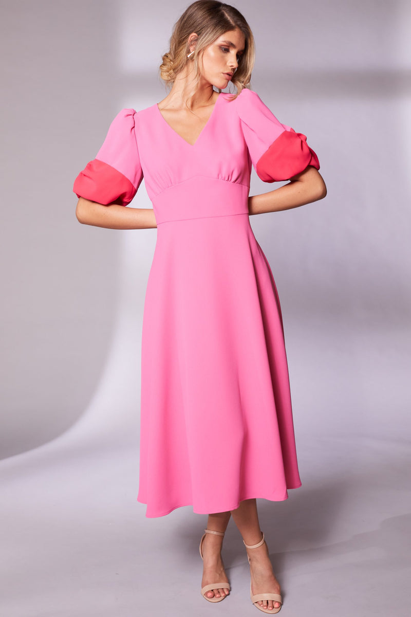 Contrast Cuff V Neck Dress - Pink