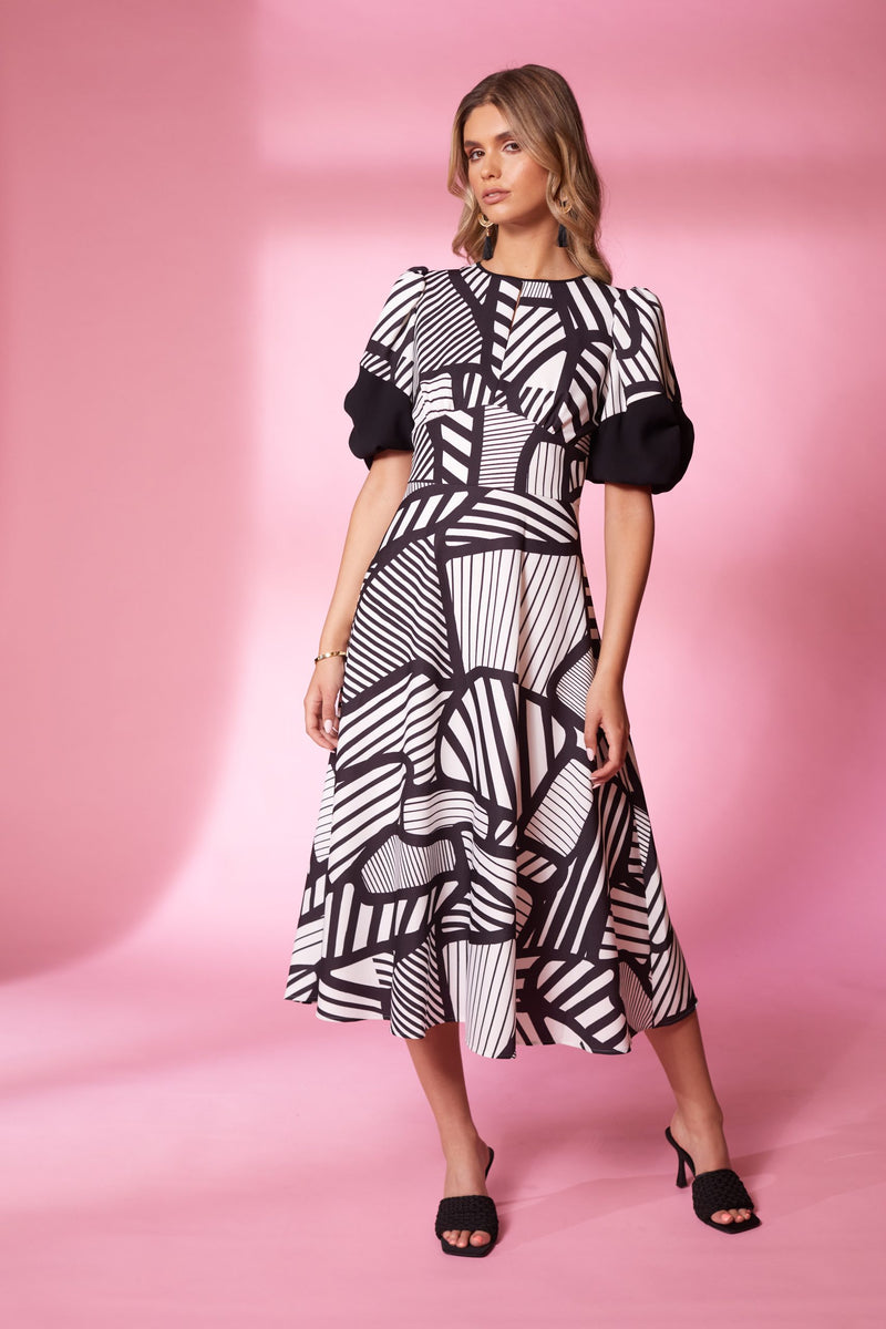 Cutaway Back Print Dress - Black/white