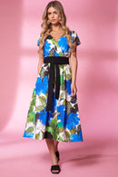 Wrap Flared Print Dress - Royal Blue