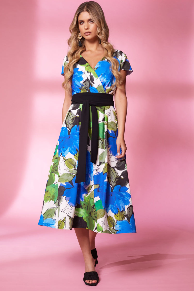Wrap Flared Print Dress - Royal Blue
