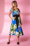 Wrap Flared Print Dress - Royal Blue