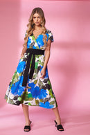 Wrap Flared Print Dress - Royal Blue