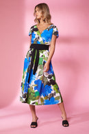 Wrap Flared Print Dress - Royal Blue