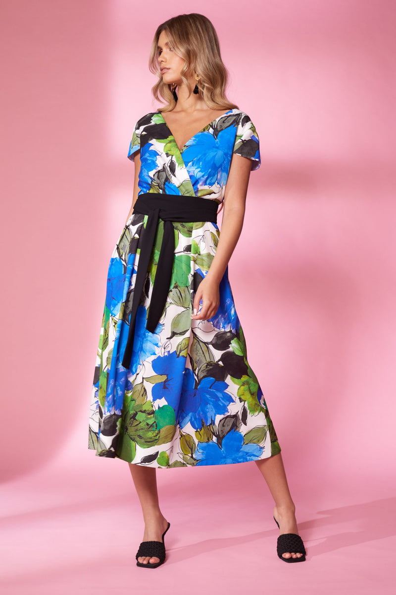 Wrap Flared Print Dress - Royal Blue