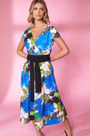 Wrap Flared Print Dress - Royal Blue