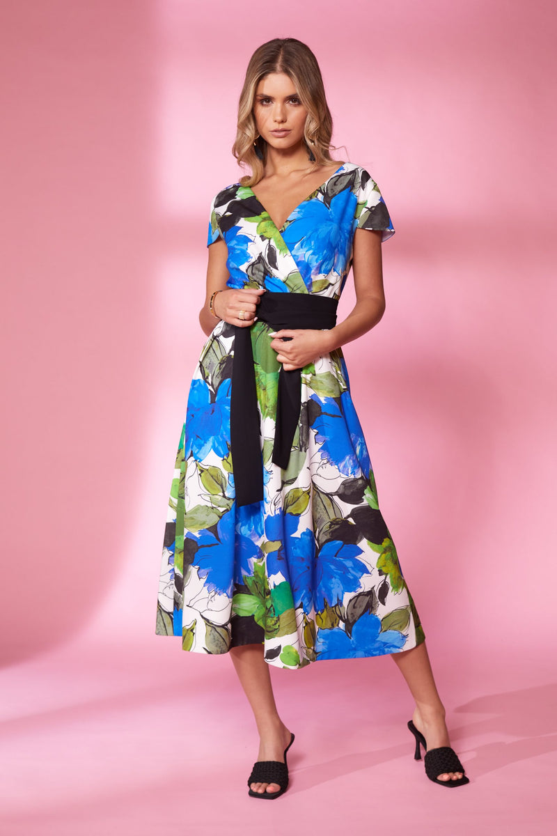 Wrap Flared Print Dress - Royal Blue