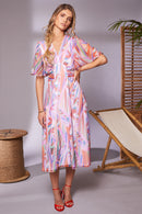 Pleated Bust Print Dress - Lilac