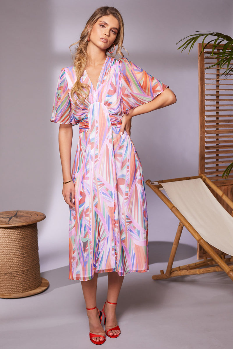 Pleated Bust Print Dress - Lilac