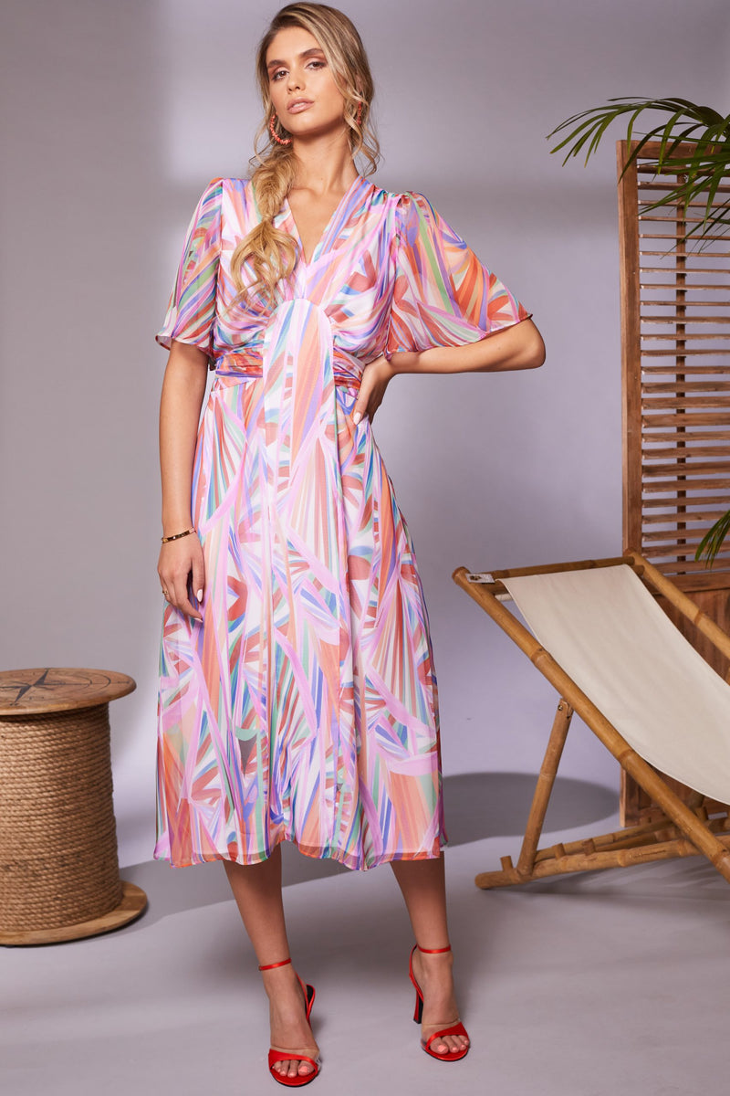 Pleated Bust Print Dress - Lilac