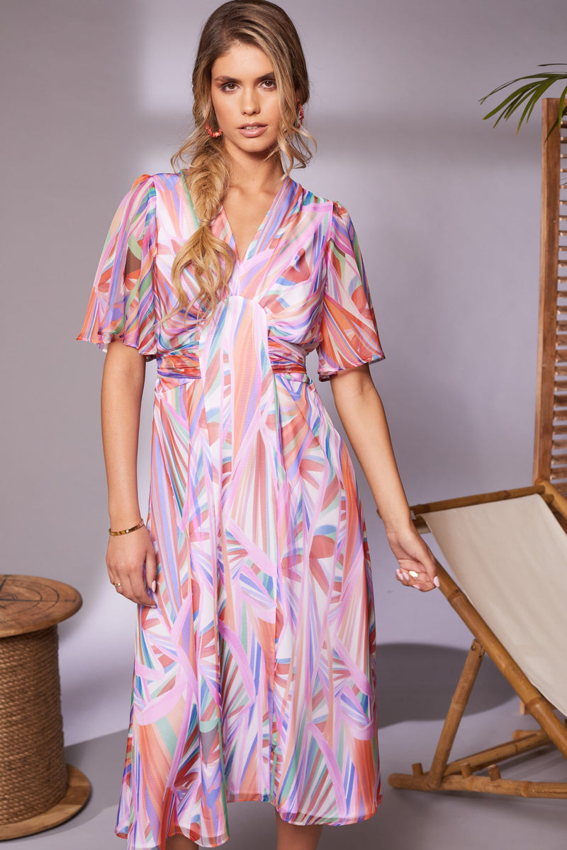 Pleated Bust Print Dress - Lilac