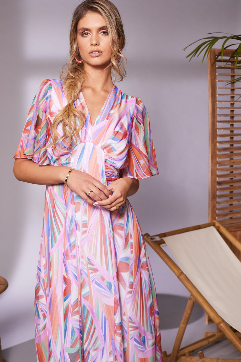 Pleated Bust Print Dress - Lilac