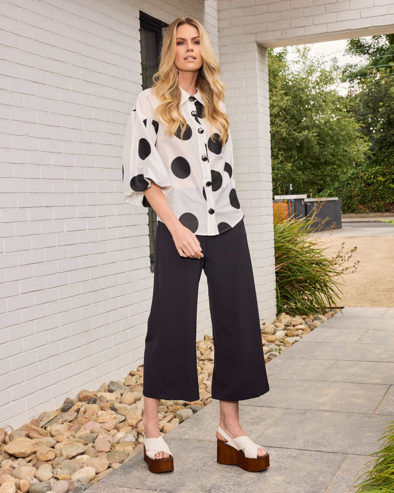 Spot Puff Ball Sleeve Blouse - Black/off White