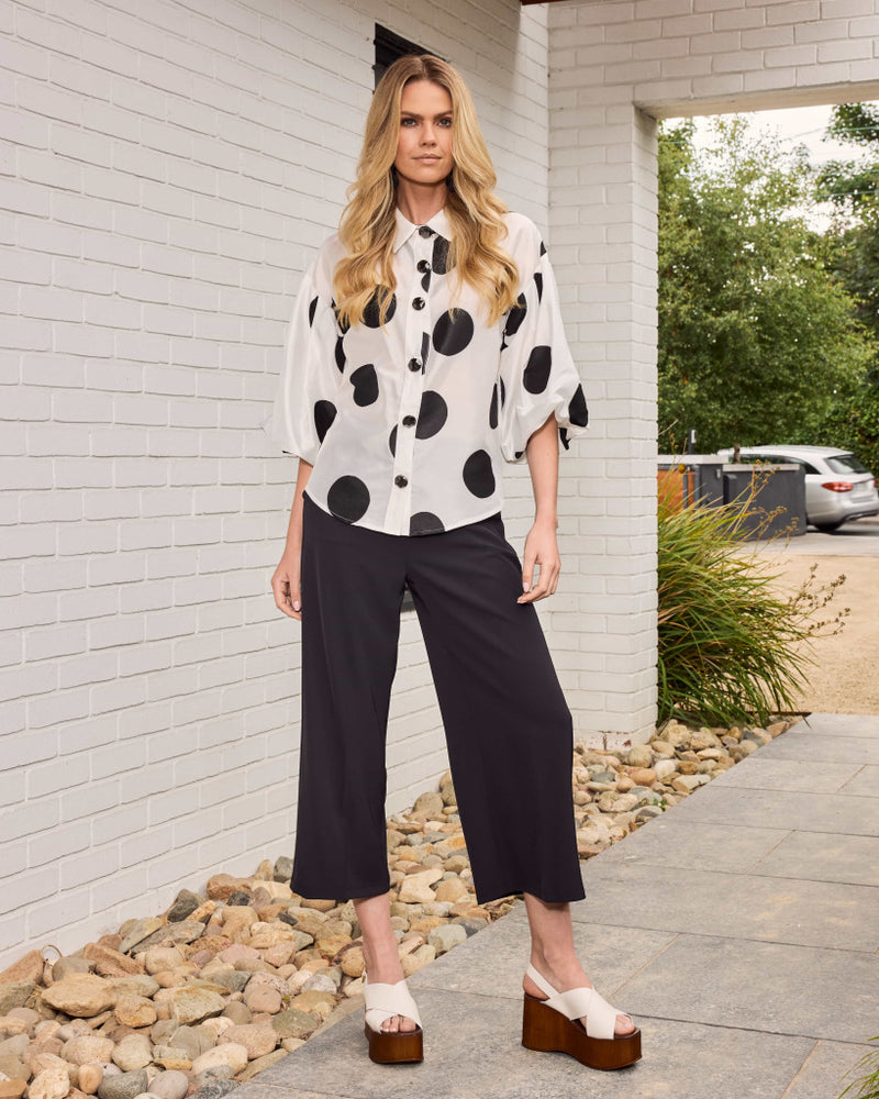 Spot Puff Ball Sleeve Blouse - Black/off White