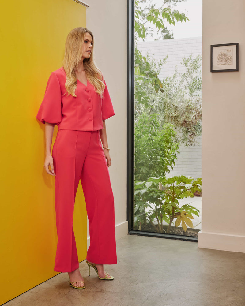 Puff Sleeve V Neck Jacket - Poppy Red