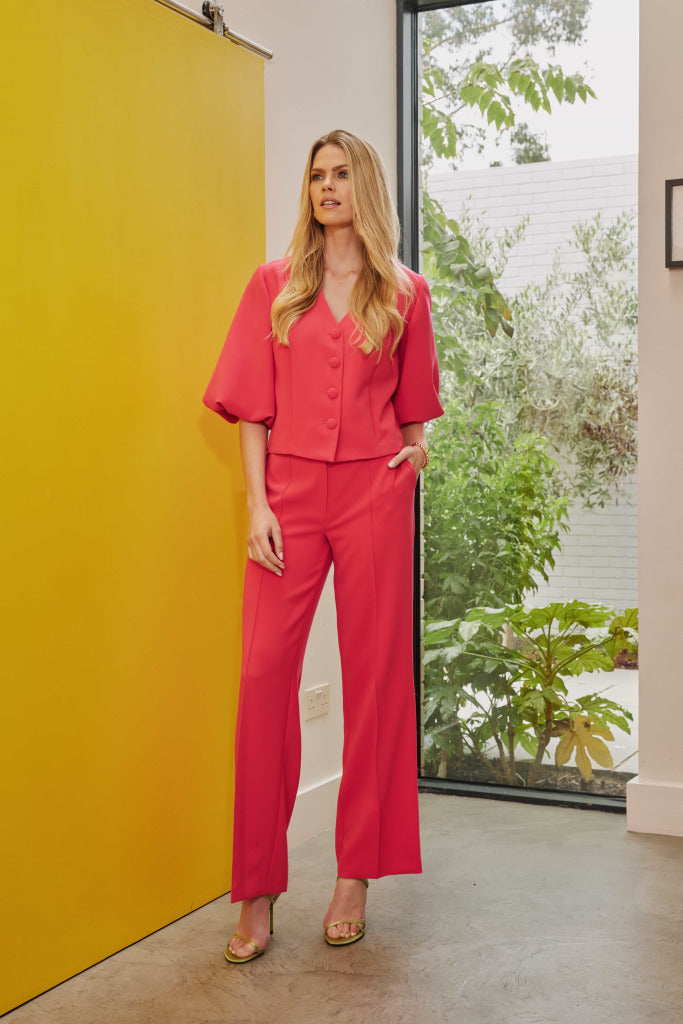 Puff Sleeve V Neck Jacket - Poppy Red