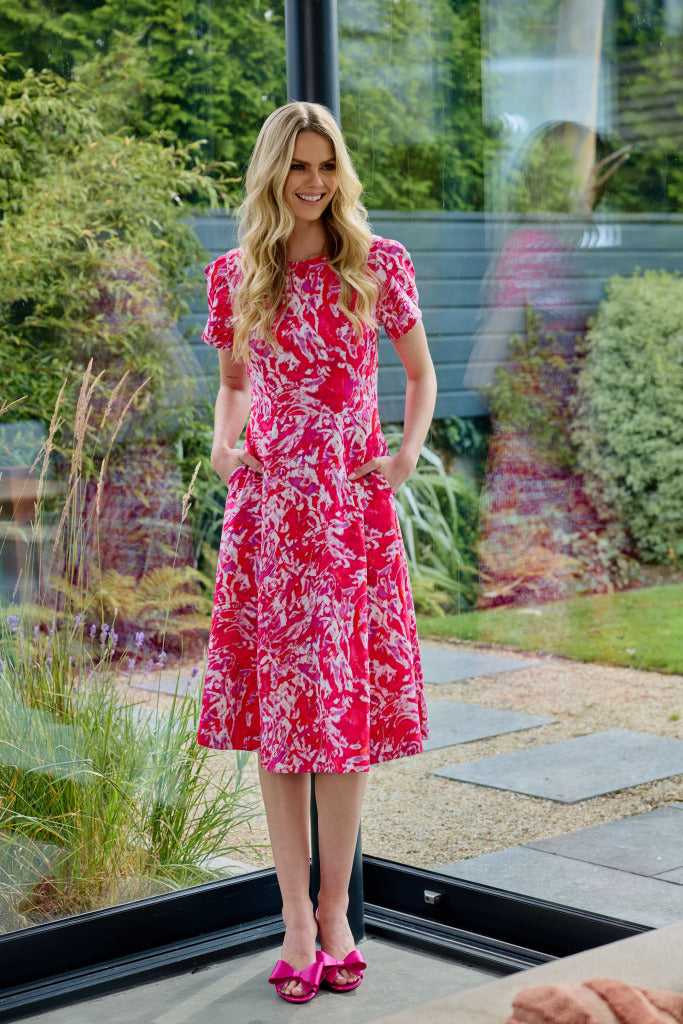 Tie Dye Print Flare Dress - Poppy Red