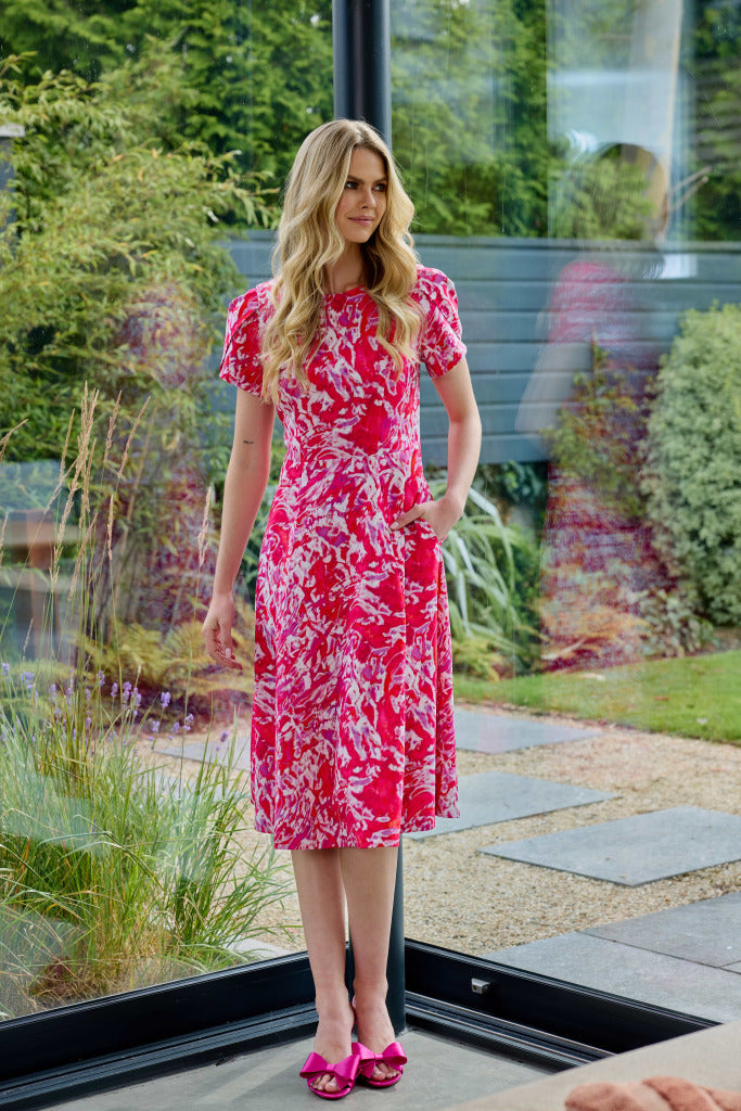 Tie Dye Print Flare Dress - Poppy Red