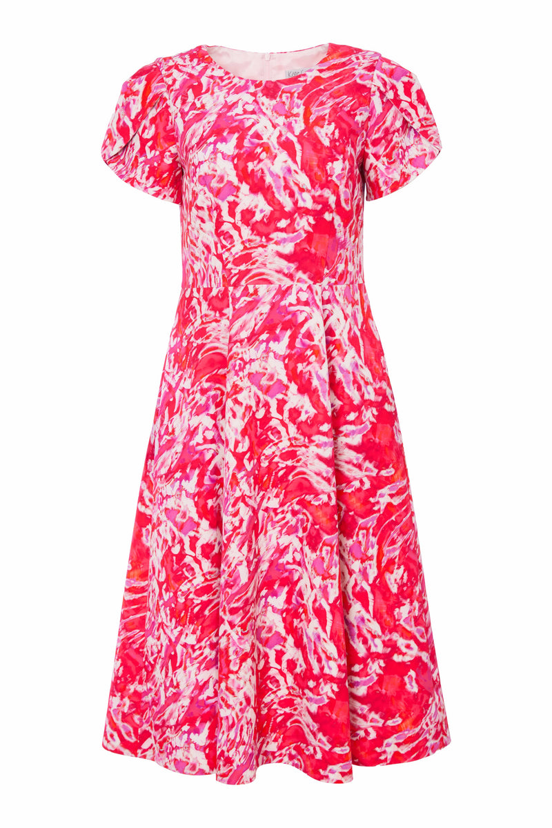 Tie Dye Print Flare Dress - Poppy Red