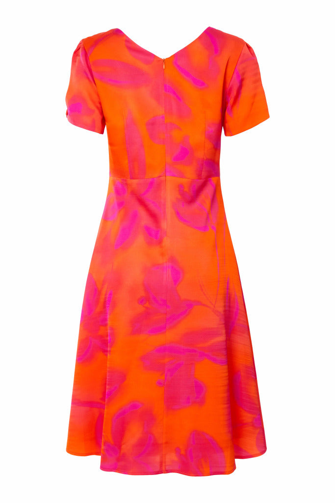 Blurred Print Ruched Dress - Orange/pink