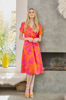 Blurred Print Ruched Dress - Orange/pink