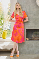 Blurred Print Ruched Dress - Orange/pink