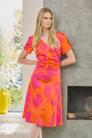 Blurred Print Ruched Dress - Orange/pink