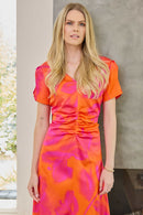 Blurred Print Ruched Dress - Orange/pink