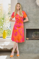 Blurred Print Ruched Dress - Orange/pink