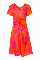 Blurred Print Ruched Dress - Orange/pink