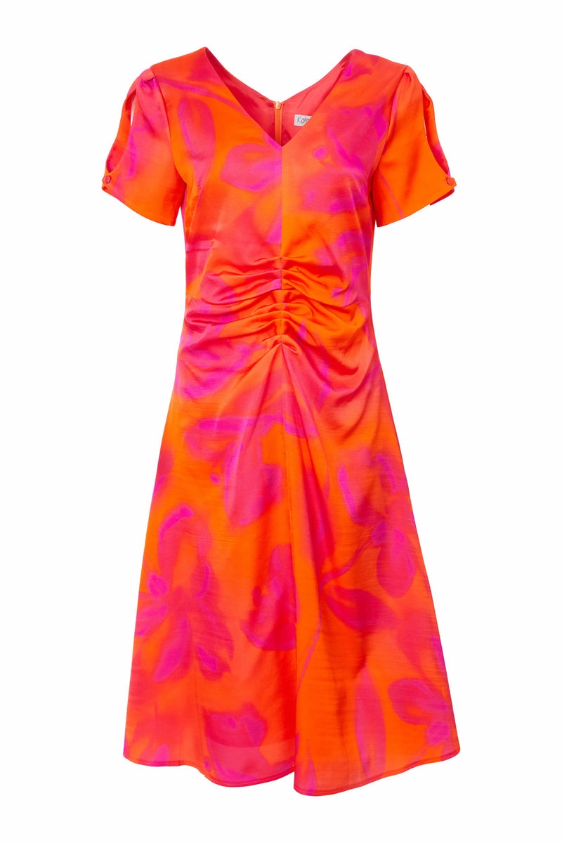 Blurred Print Ruched Dress - Orange/pink