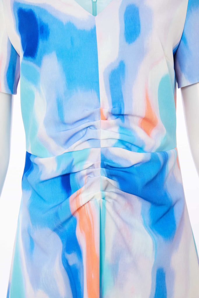 Pleated Blur Print Dress - Aqua