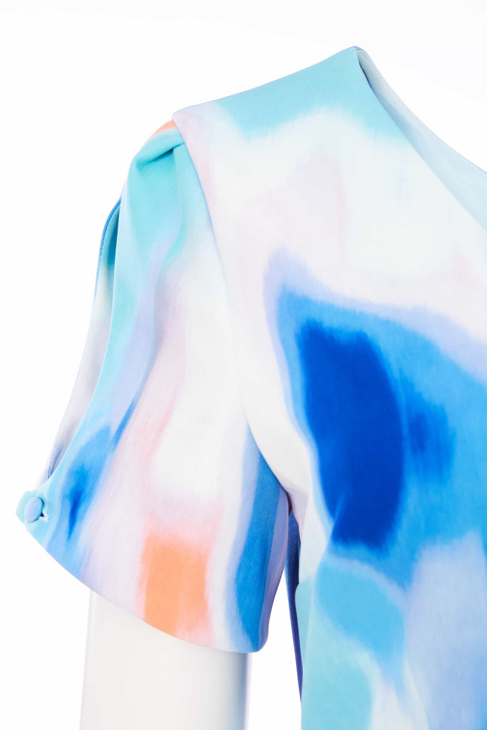 Pleated Blur Print Dress - Aqua