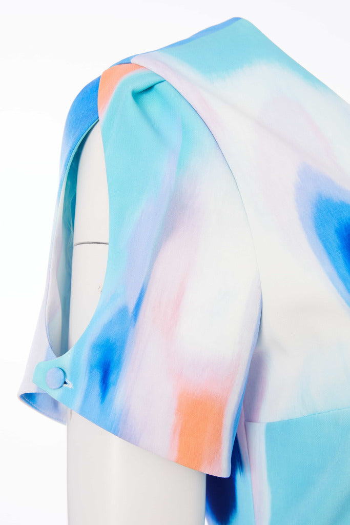 Pleated Blur Print Dress - Aqua