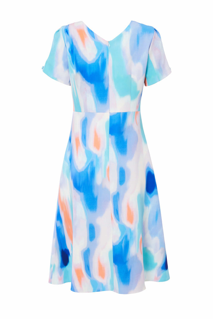 Pleated Blur Print Dress - Aqua