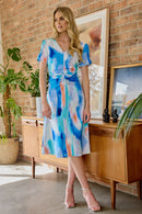 Pleated Blur Print Dress - Aqua