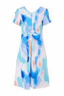 Pleated Blur Print Dress - Aqua
