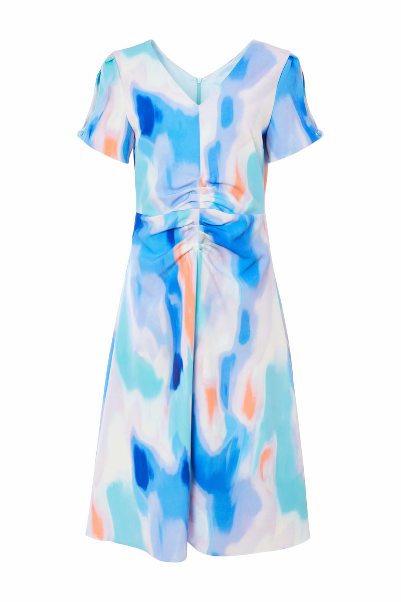 Pleated Blur Print Dress - Aqua