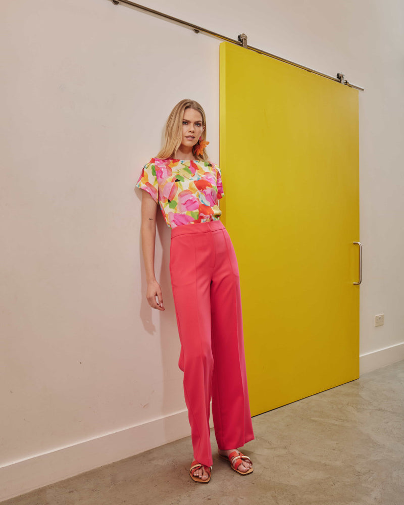 Garden Party Print Top - Lemon/pink