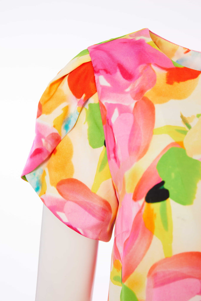 Garden Party Print Top - Lemon/pink