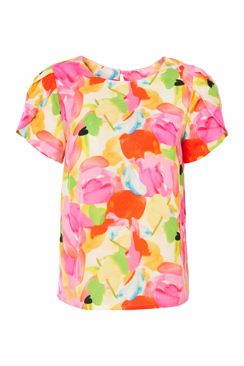 Garden Party Print Top - Lemon/pink