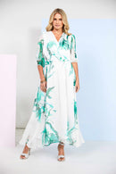 Ruched Waist Maxi Print Dress - White & Glas