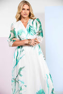 Ruched Waist Maxi Print Dress - White & Glas