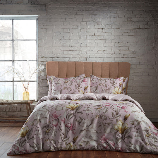 Lavish Blush Floral Printed Piped Cotton Sateen Duvet Cover Set