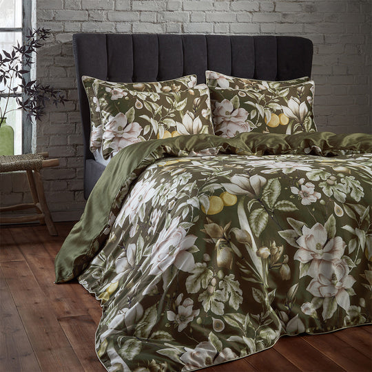 Lavish Moss Floral Printed Piped Cotton Sateen Duvet Cover Set