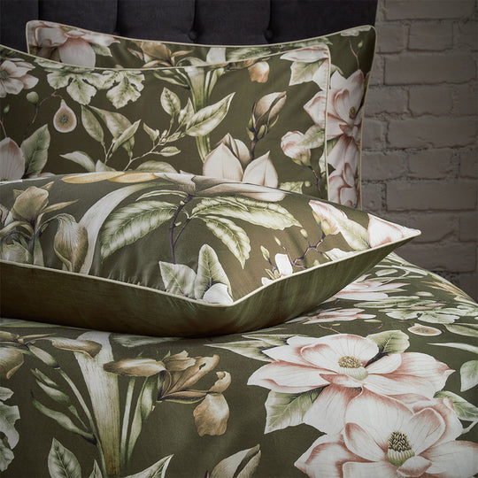 Lavish Moss Floral Printed Piped Cotton Sateen Duvet Cover Set