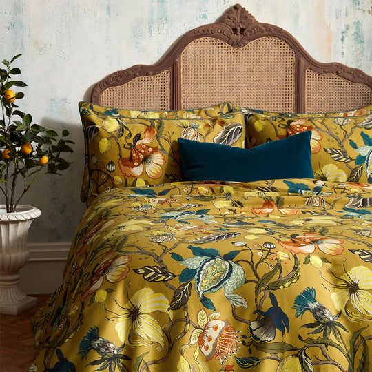 Morton Ochre Floral Printed Cotton Sateen Piped Duvet Cover Set