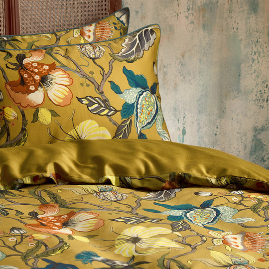 Morton Ochre Floral Printed Cotton Sateen Piped Duvet Cover Set